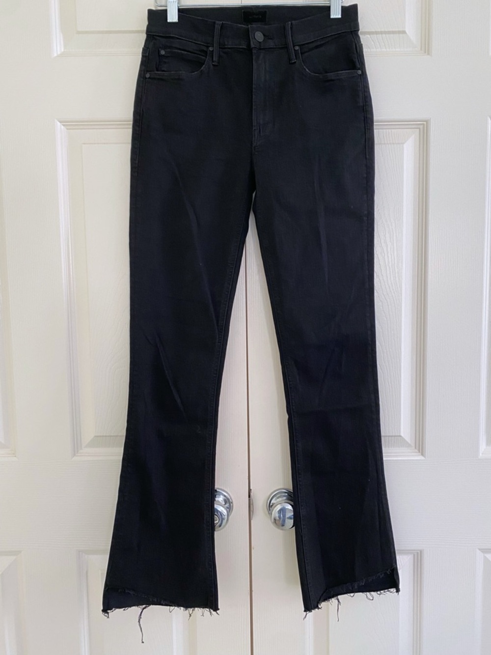 NWOT Mother The Runaway Step Fray Jeans Black 26 Flare Raw Hem Denim